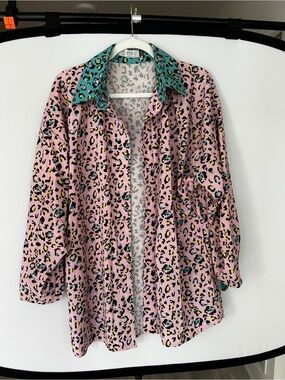 IRO Pink Leopard-Print Button-Down Shirt with Teal Contrast Collar